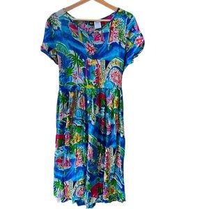 Bila Blue Tropical Cannes Novelty Print Bohemian Semi-Sheer Midi Dress L